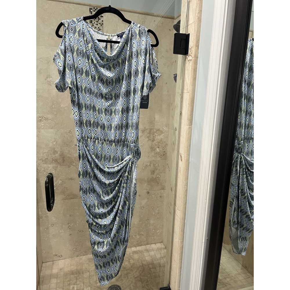 Doncaster Collection Blue Geometric Wrap Twist Cold Shoulder Midi Dress S NEW